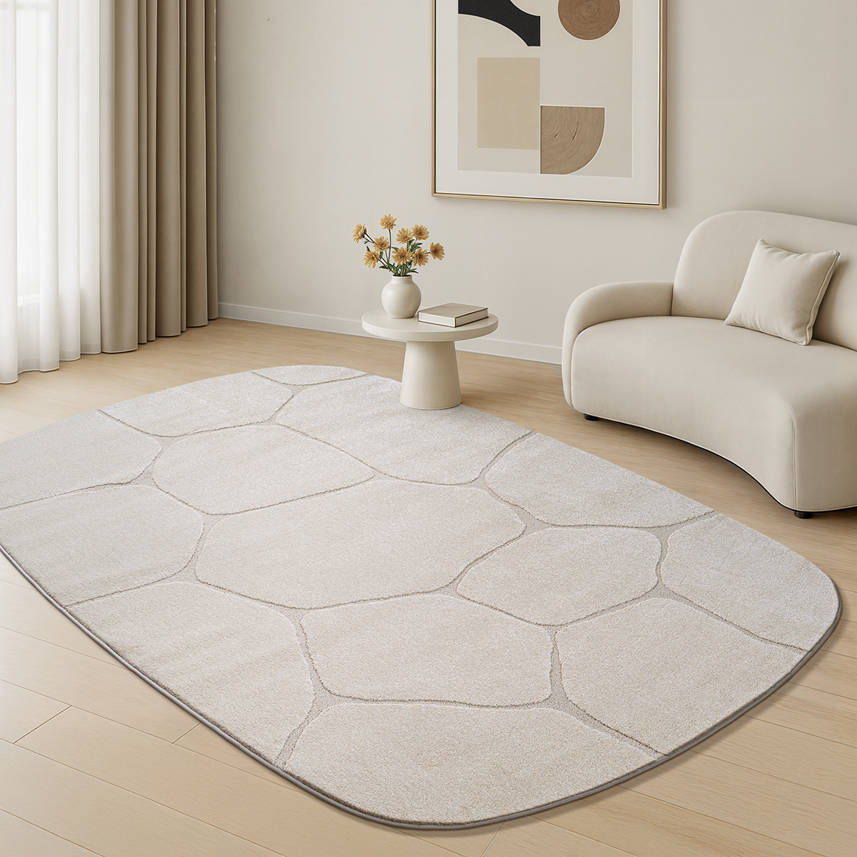 Teppich Kurzflor Wohnzimmer Modern Stein Optik Creme Shape Oval