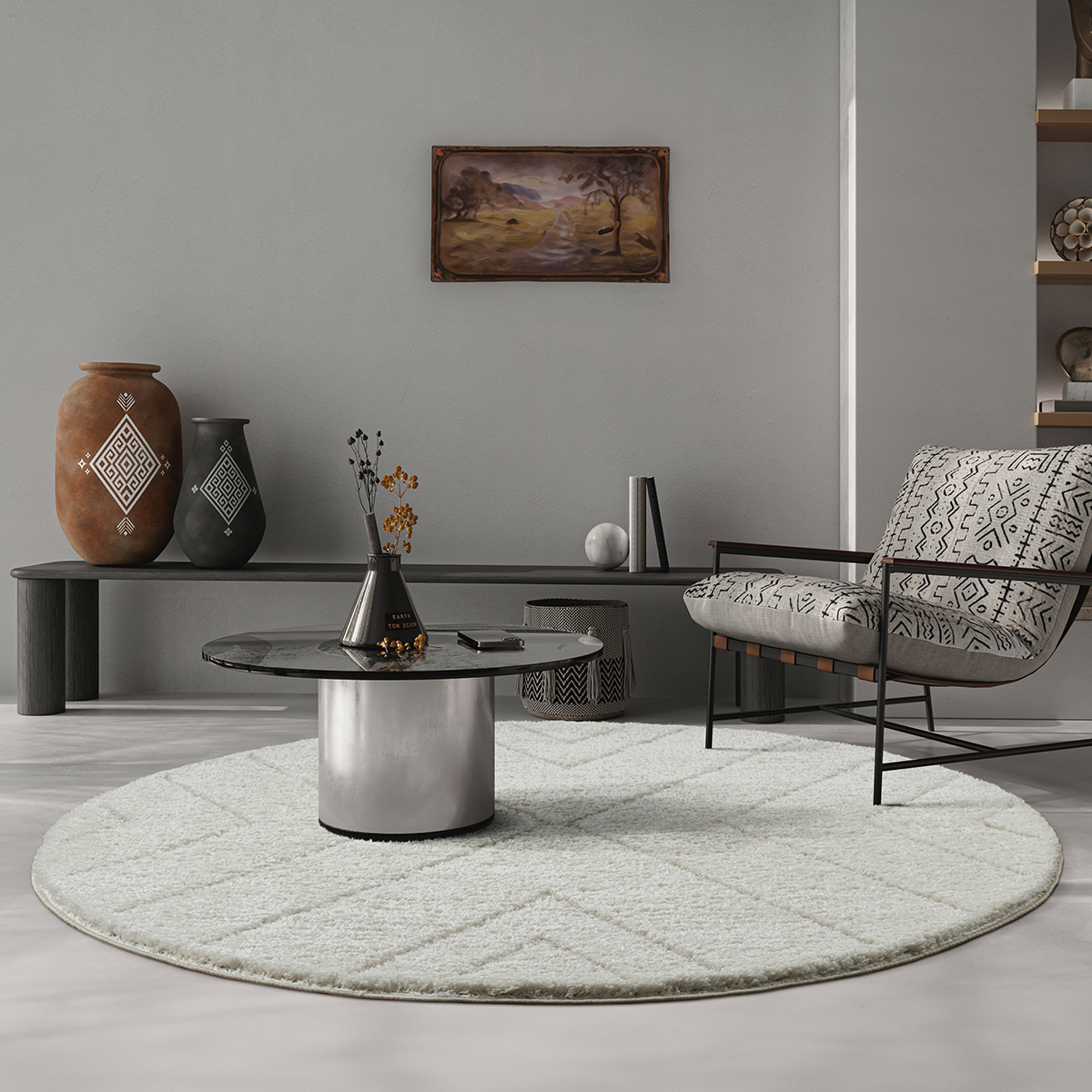 Shaggy Teppich Hochflor Wohnzimmerteppich Modern Dreiecke Design Creme Rund